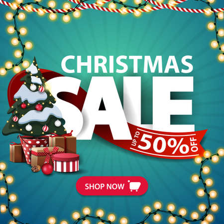 Christmas sale, up to 50 off, square blue discount banner with garlands, large letters, red ribbon, button and Christmas tree in a pot with giftsのイラスト素材