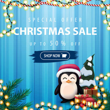 Special offer, Christmas sale, up to 50 off, square blue discount banner with curtain on the background, garlands and penguin in Santa Claus hat with presentsのイラスト素材