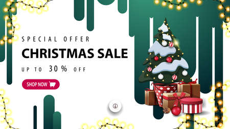 Special offer, Christmas sale, up to 30 off, white discount banner with green streaks of paint on the white wall and Christmas tree in a pot with giftsのイラスト素材