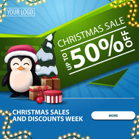 Christmas sales and discounts week, up to 50 off, blue and green bright modern web banner with button, garland and penguin in Santa Claus hat with presentsのイラスト素材