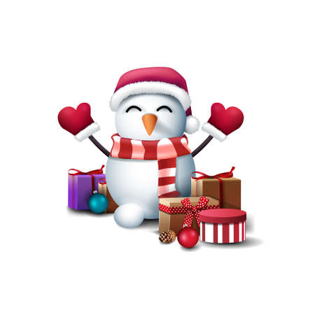 Snowman in Santa Claus hat, mittens and striped scarf with gifts isolated on white backgroundのイラスト素材