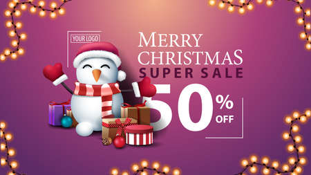 Merry Cchristmas, super sale, up to 50 off, pink modern discount banner with beautiful typography, garland and snowman in Santa Claus hat with giftsのイラスト素材