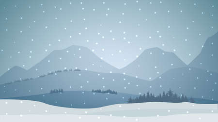 Winter landscape with the forest at the foot of the mountains and snow falling. Background for your artsのイラスト素材