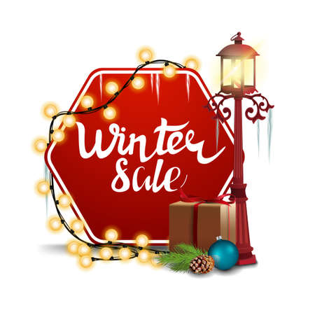 Winter sale, square red discount banner in form of hexagon with pole lantern, gift, Christmas tree branch with a cone and a Christmas ballのイラスト素材