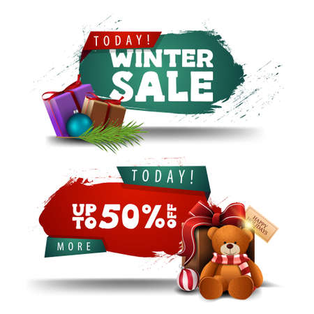 Winter red and green discount banners with gifts and Teddy bear isolated on white background.のイラスト素材
