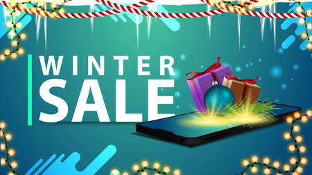 Winter sale, banner for website with garlands, icicles and smartphone from the screen which appear presents