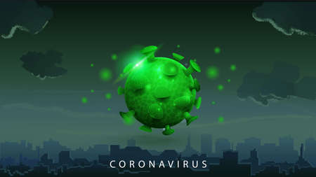 Coronavirus, green poster with large green coronavirus molecules on background of night city. Coronavirus 2019-nCoV. Sign of coronavirus COVID-2019 on dark backgroundのイラスト素材