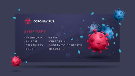 Coronavirus 2019-nCoV symptoms, blue banner with pink and blue 3D coronavirus molecules. 3D banner with a list of symptoms of coronavirus in a modern design. Coronavirus 2019-nCoV.のイラスト素材
