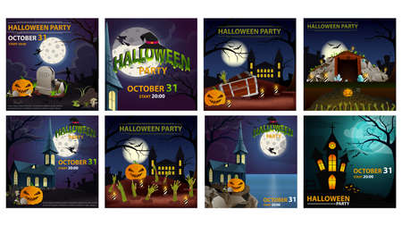 Halloween party, large set square party posters for your creativity isolated on white background. Posters with Halloween pumpkins, zombies and old castleのイラスト素材