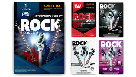 Rock concert, set of poster templates for your creativity. Blue, red, pink, black and white rock...