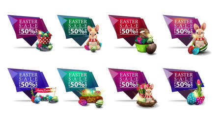 Easter sale, collection discount geometric banners with up to 50% off and Easter icons in the form of geometric POIのイラスト素材