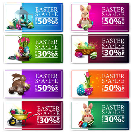 Easter sale, up to 50% off, up to 30% off, collection colorful discount banners with cartoon Easter icons. Set horizontal discount banners isolated on white backgroundのイラスト素材