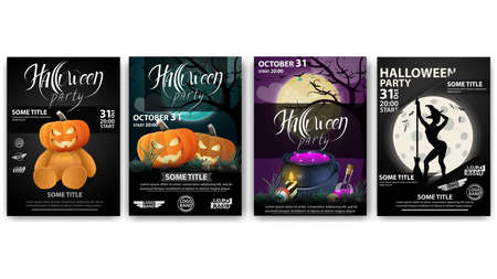 Halloween party, large set party posters ready to print. Dark posters with Halloween pumpkins, witch's cauldron, Teddy bear with Jack pumpkin head and the silhouette of a dancing girlのイラスト素材