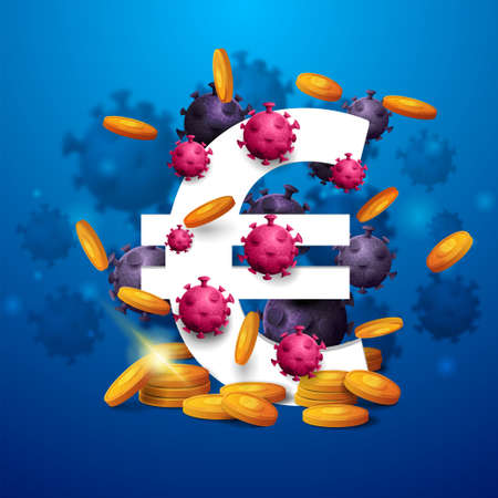 A three dimensional white euro sign with gold coins around and surrounded by coronavirus molecules on blue backgroundのイラスト素材