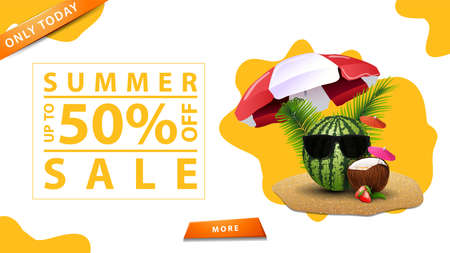 Only today, summer sale, up to 50% off, white discount web banner for your business with watermelon...