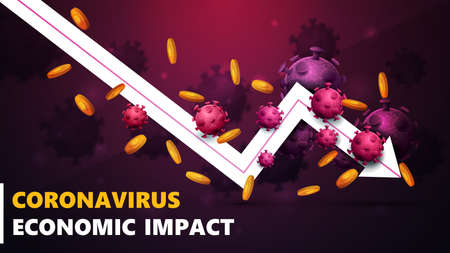 Coronavirus economic impact, black and pink banner with white arrow an falling economic graph with gold coins around and surrounded by coronavirus molecules.のイラスト素材