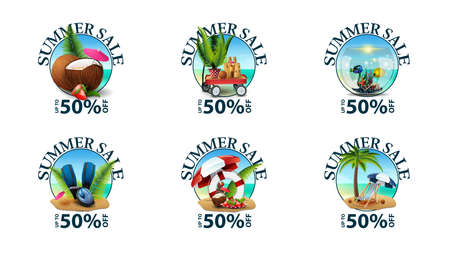 Summer sale, up to 50% off, large set of round discount banners for your business with summer icons isolated on white background.のイラスト素材