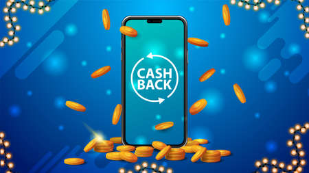 Blue cashback banner with a large smartphone with gold coins around and gold coins falling from the topのイラスト素材