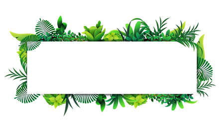 Horizontal frame of tropical leaves around a white empty rectangle. Layout of a border made of...