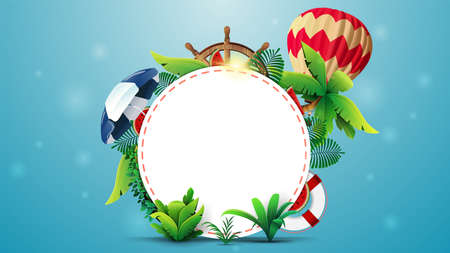 Summer banner template design with a white circle for text, summer elements and beach accessories. Empty summer layout for your creativityのイラスト素材