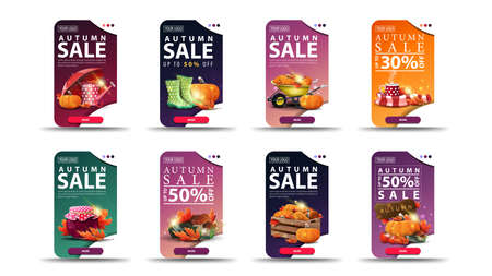Autumn sale, up to 50% off, set vertical of discount banners with rounded corners, buttons and autumn elementsのイラスト素材