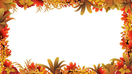 A frame of autumn leaves around a white empty space. Layout of a frame made of autumn vegetation for your creativityのイラスト素材