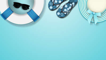 Summer beach accessories on a blue background, top view. Empty summer templates. Background for...