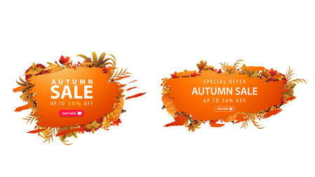 Autumn sale, set orange discount banners with ragged corners in abstract forms isolated on white backgroundのイラスト素材