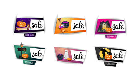 Halloween sale, set of Halloween discount banners with buttons and Halloween elements in paper cut style isolated on white backgroundのイラスト素材