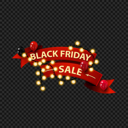 Black Friday Sale, web banner in the form of red 3D ribbon wrapped with garland and decorated with balloonsのイラスト素材