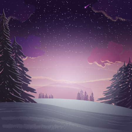 Sunset in winter pine forest, winter landscape. Snowy meadow with pines around on background with purple sunsetのイラスト素材