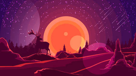 Landscape with sunset behind the mountains, forest, silhouette of a deer and starry sky on purple sky. Vector illustration.のイラスト素材