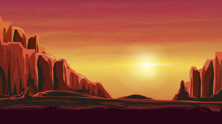 Sunrise in a sandy canyon in warm orange tones. Vector illustrationのイラスト素材