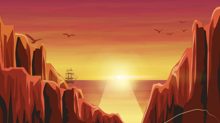 Orange sunset in the sea with old ship. Vector illustrationのイラスト素材