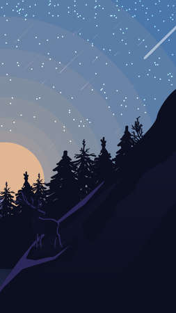 Landscape with starry sky, pine forest in the mountains. Vector illustrationのイラスト素材