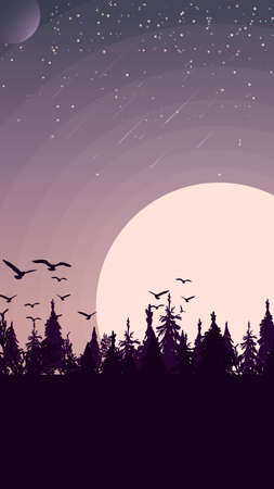 Sunset in a pine forest, birds soared into the skyのイラスト素材