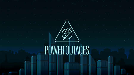 Power outage, warning triangle logo on the background of the city without electricity in digital...