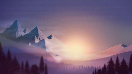 Orange sunset, hilly area, spruce forest, colorful starry sky and rocky horizon, realistic vector illustrationの写真素材