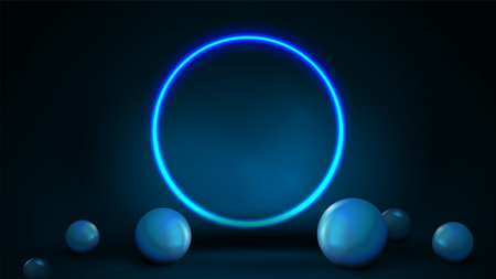 Empty dark and blue abstract scene with spheres on floor and neon blue shiny ring. 3d render illustration with blue abstract scene with neon ringのイラスト素材