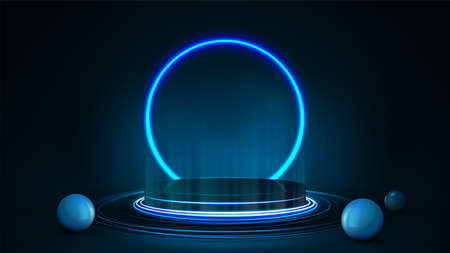 Empty dark podium with realistic spheres and neon ring on background. 3d render illustration with dark and blue abstract scene with neon blue ringのイラスト素材
