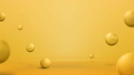 Empty yellow abstract scene with bouncing spheres. 3d render illustration with yellow abstract room with 3D yellow spheresのイラスト素材