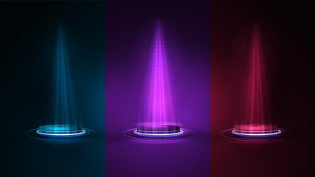 Set of empty blue podiums for product presentation, 3d realistic neon illustration. Blue, pink and red digital neon podiums with lighting of spotlights in dark roomのイラスト素材