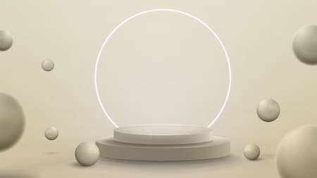 3d render illustration with abstract scene with neon white ring around podium. Abstract room with 3D spheresのイラスト素材