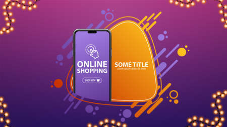 Online shopping, purple and orange banner with abstract shape and large smartphone with button on screen. Template for your creativityのイラスト素材