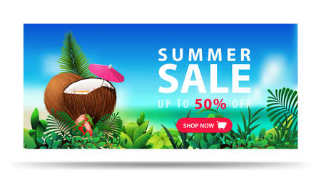 Summer sale, up to 50 off, horizontal discount banner with coconut cocktail, sea blurred landscape on background, tropical frame and offer with buttonのイラスト素材
