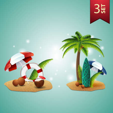 Set of 3D volumetric summer icons for your arts, coconut cocktail, beach umbrella, lifeline, palm, coconuts, beach umbrella and surf Boardのイラスト素材