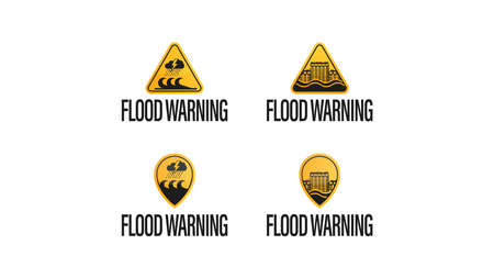 Flood warning, yellow - black warnings symbols isolated on white background.のイラスト素材