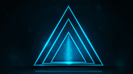 Neon triangles frames in dark room. Neon triangular frame on dark backgroundのイラスト素材