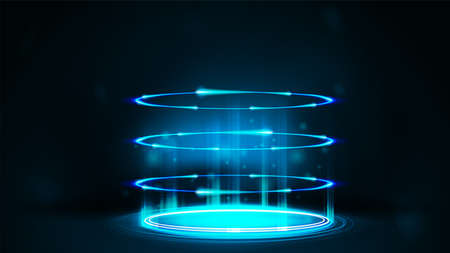 Blue neon digital portal in cylindrical shape with particles and shiny rings in dark roomのイラスト素材