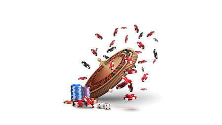 Casino Roulette wheel in perspective with poker chips isolated on white background. Big win in rouletteのイラスト素材